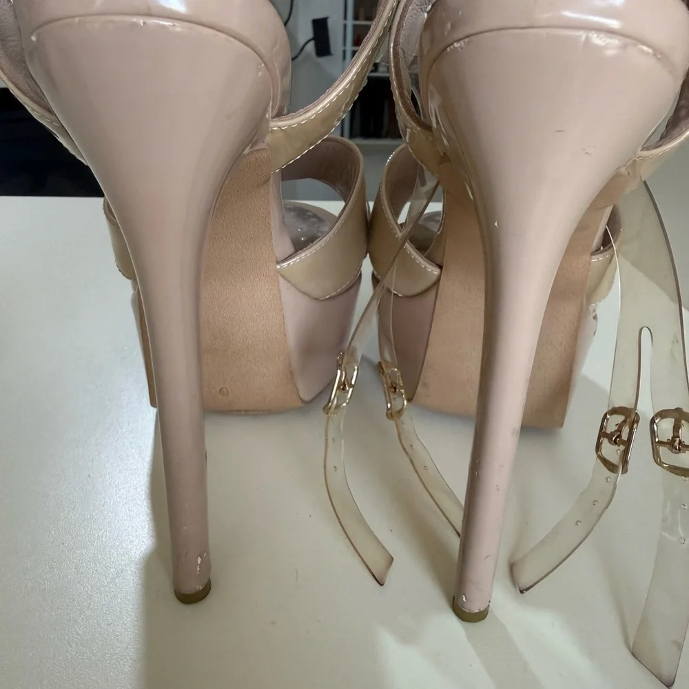 Nude Patent Platform Stiletto Sandals with Ankle Strap